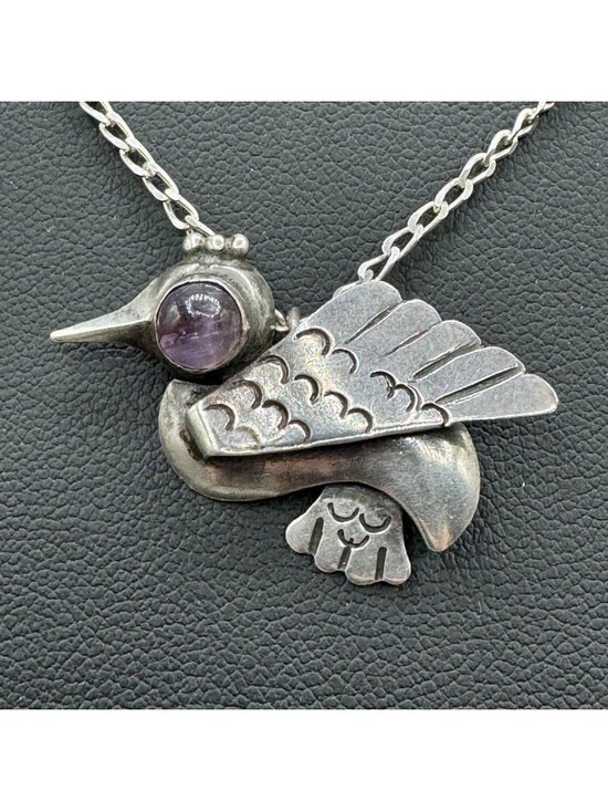 Artisan Jewelry - Vintage 1930s Mexican Modernist Bird Pendant Sterling w/ Amethyst Eye Signed ER